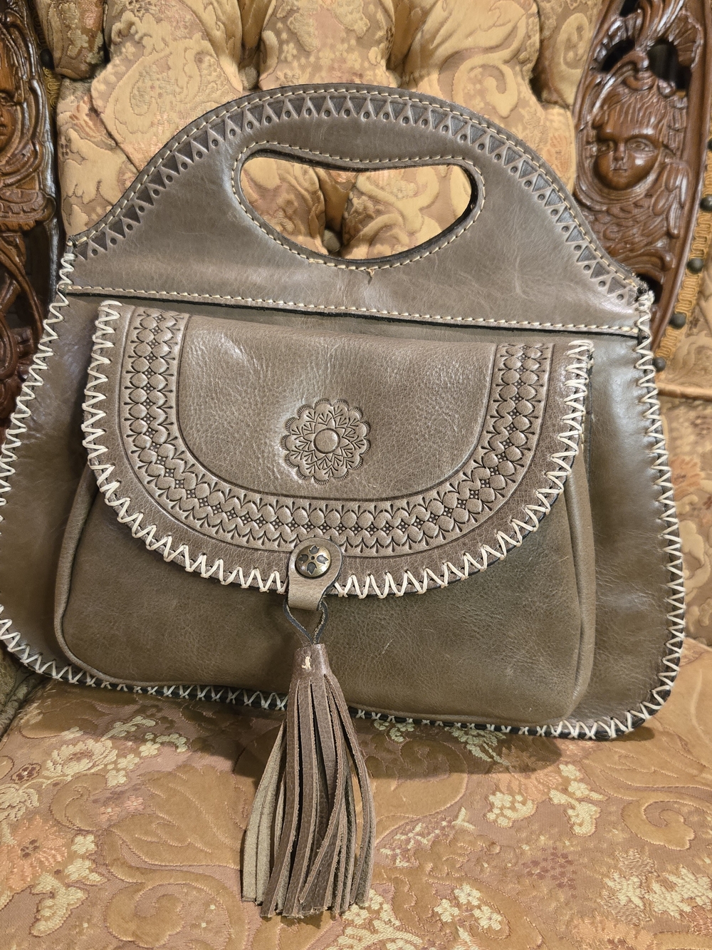 Patricia Nash Western Inspired Taupe Leather Handbag with Whip-stitching Tassel